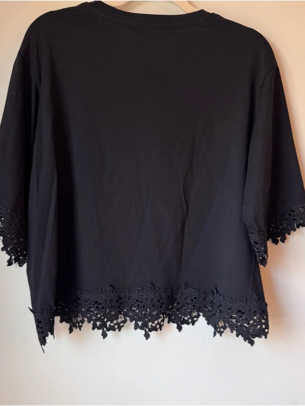 Zara Black Short-Sleeve Oversized Cropped Lace-Hem Tee